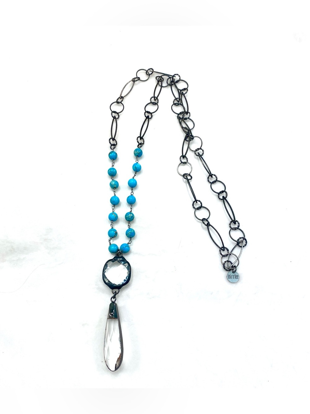 Lula 'n' Lee Turquoise Bead and Clear Glass Crystal Teardrop Pendant Necklace